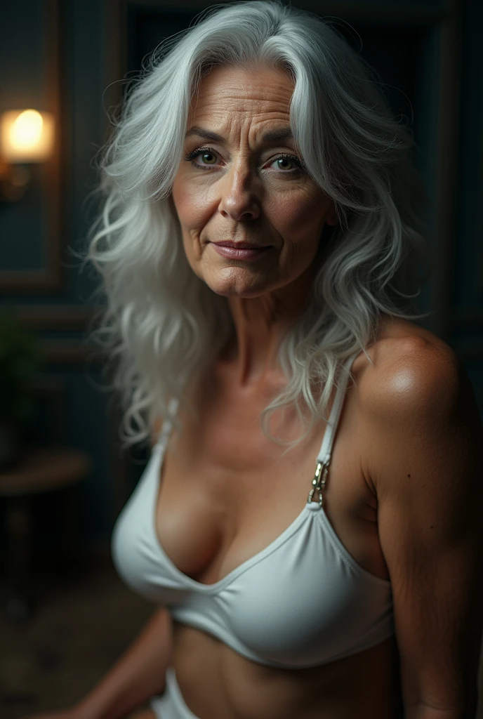 80 years old, attractive woman, silver hair, eyes, huge breasts, large naked breasts, sensual white thong, clean, slight smile, set teeth, dim lighting, very high detail, high dynamic range.