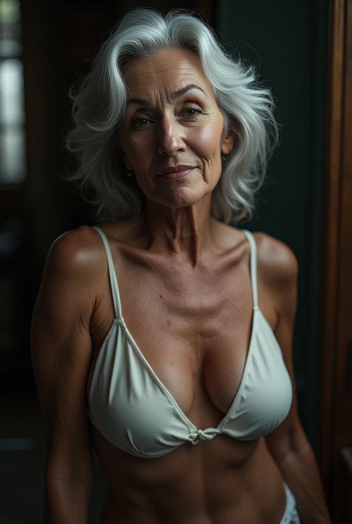 80 years old, attractive woman, silver hair, eyes, huge , large naked bs, senite thong, clean, slight smile, set teeth, dim lighting, very high detail, high dynamic range.