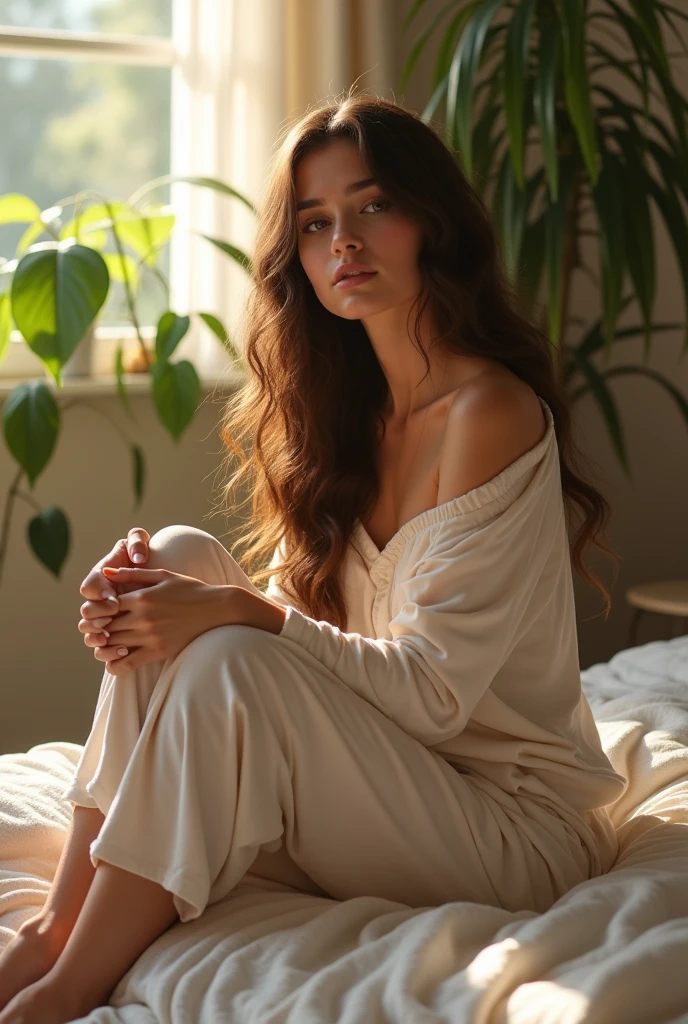 (photorealism:1.2), beautiful woman, sitting on bed, wearing loose off-shoulder top, pajama pants, long curly hair, indoors, soft lighting, plants in background, window with sunlight, cozy room, relaxed pose, realistic, intricate details, warm colors, by Greg Rutkowski, by Alphonse Mucha