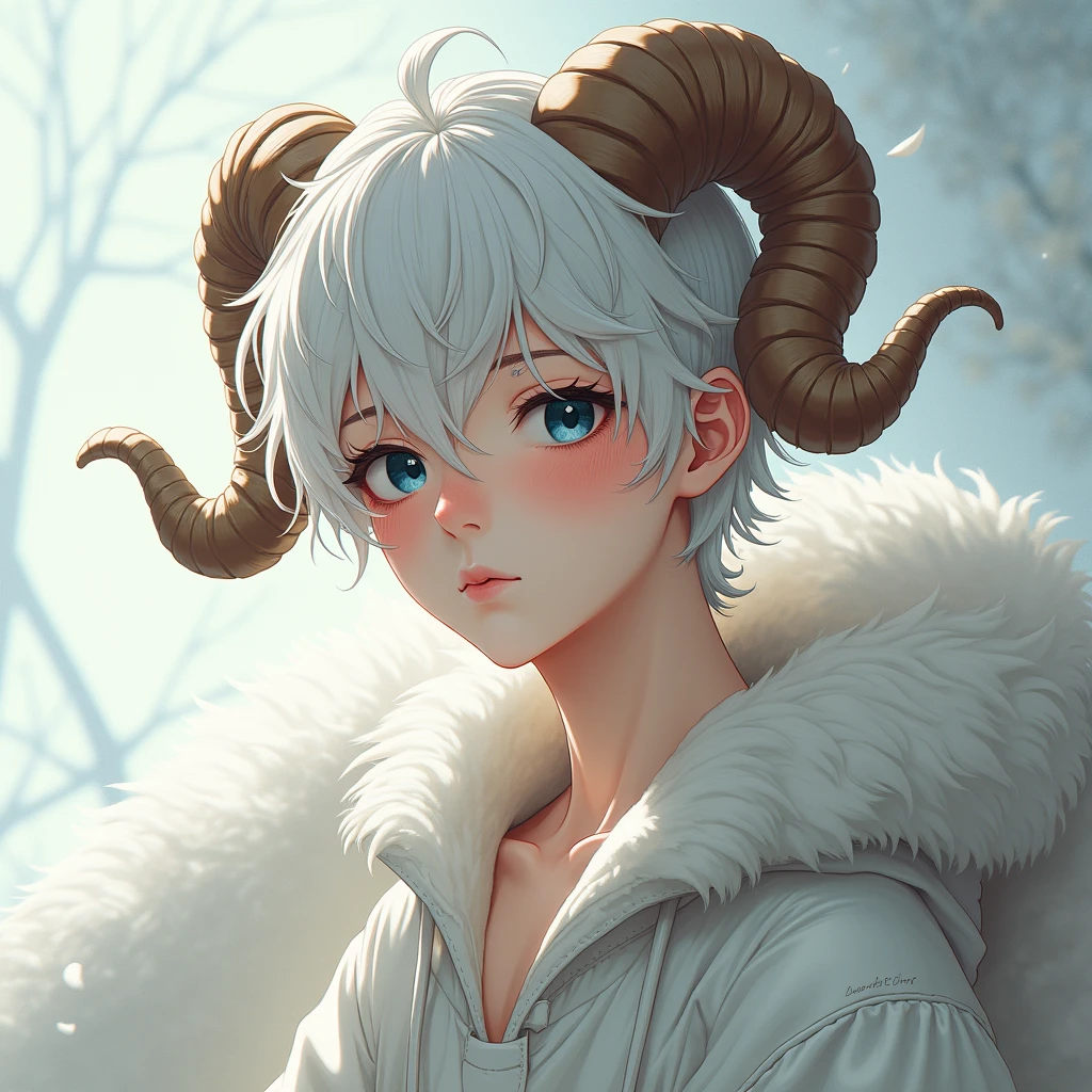 ((best qualityer)), ((work of art)), ((oc)), (detailded), ung male, 20 year, slightly wavy white hair, dark blue eyes, Caucasian skin, small curved sheep horns, sheep ear, roupa moderna