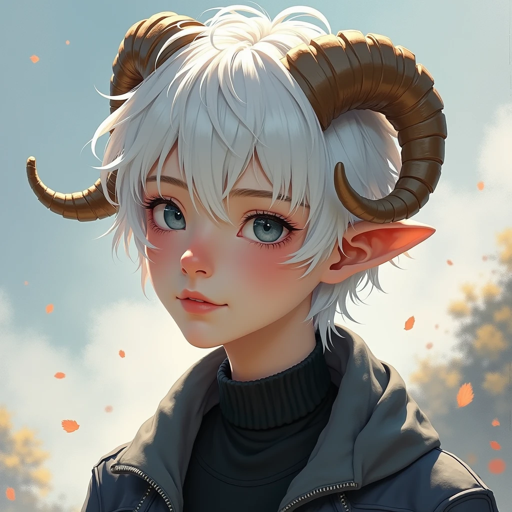 ((best qualityer)), ((work of art)), ((oc)), (detailded), 1 young male, 20 year, slightly wavy white hair, dark blue eyes, Caucasian skin, small curved sheep horns, sheep ear, roupa moderna