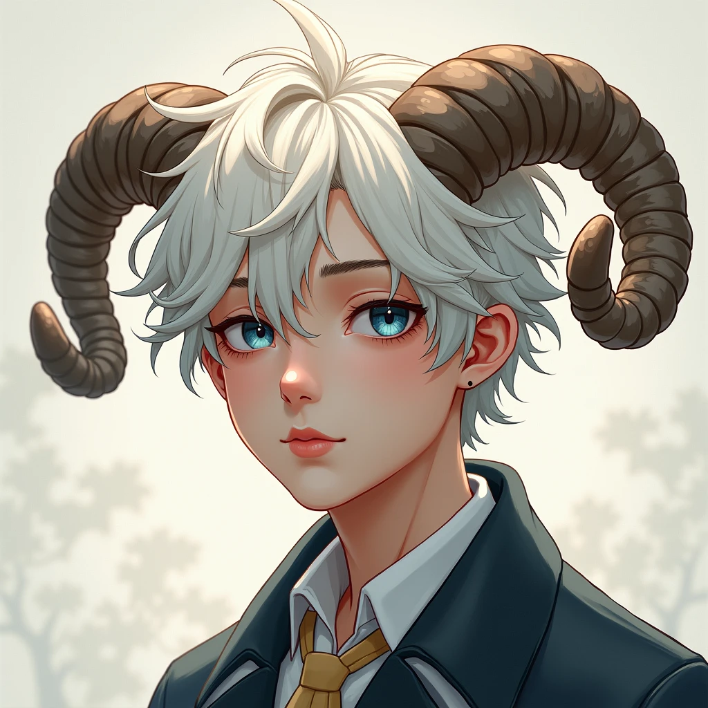 ((best qualityer)), ((work of art)), ((oc)), (detailded), ung male, 20 year, slightly wavy white hair, dark blue eyes, Caucasian skin, small curved sheep horns, sheep ear, roupa moderna