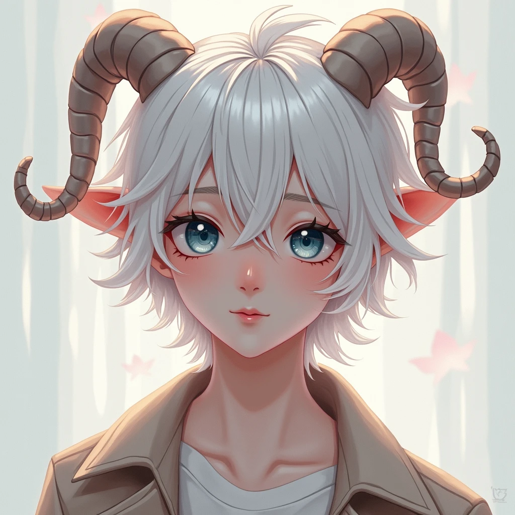 ((best qualityer)), ((work of art)), ((oc)), (detailded), ung male, 20 year, slightly wavy white hair, dark blue eyes, Caucasian skin, small curved sheep horns, sheep ear, roupa moderna