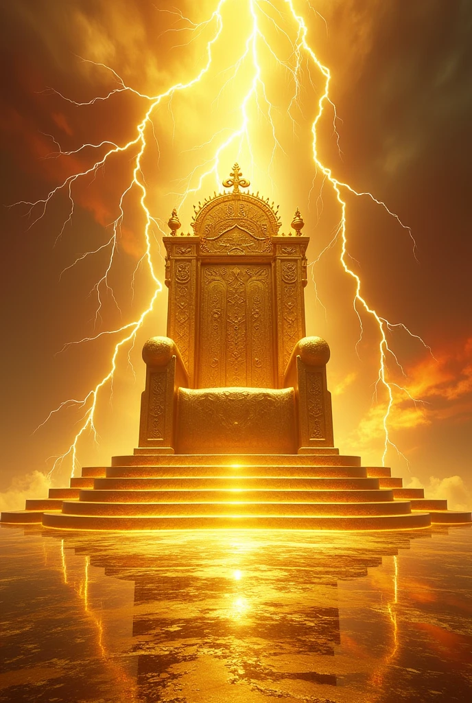 Huge golden throne of God with rays, thunder, sparks, lots of light, yellow sky with red, crystal clear gold floor 
