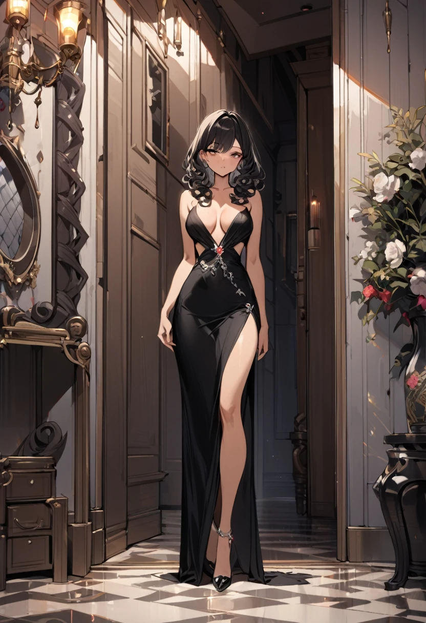 1girl,solo, (slender figure:0.8) , tanned skin color, dark brown eyes, (long curly black hair), (long black dress, side cut outs, cleavage, standing full body, hand on side, exposed hip), mysterious girl, jewels, bright makeup, insanely beautiful, (indoor, wall behind) , (masterpiece), (best quality:1.4), (extremely detaile), young girl, sexy, thick