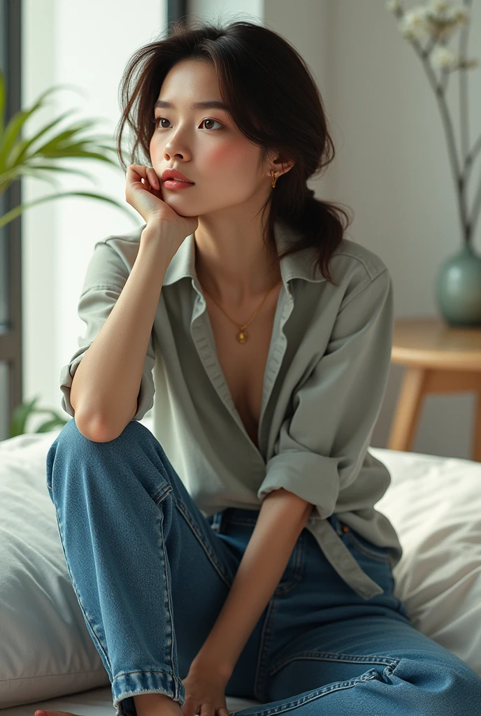 woman wearing jeans with one leg on top of the other legs crossed