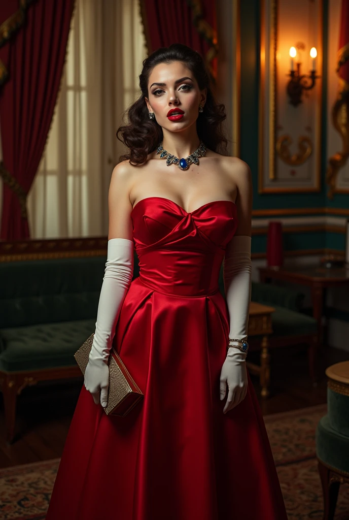 full body photo of a vampy, voluptuous Israeli woman. 3. Neck length 1950s style dark auburn hair pulled up. light blue eyes. Evening makeup. black eyeliner. rich red painted lips. hint of freckles. Wearing long elegant red winter weight ball gown with tight, switched waist. Long tight white satin opera gloves. art deco sapphire bracelet. matching necklace. Standing in art nouveau living room of old mansion in Cleveland. night. Holding clutch. eye contact. blowing a kiss to viewer