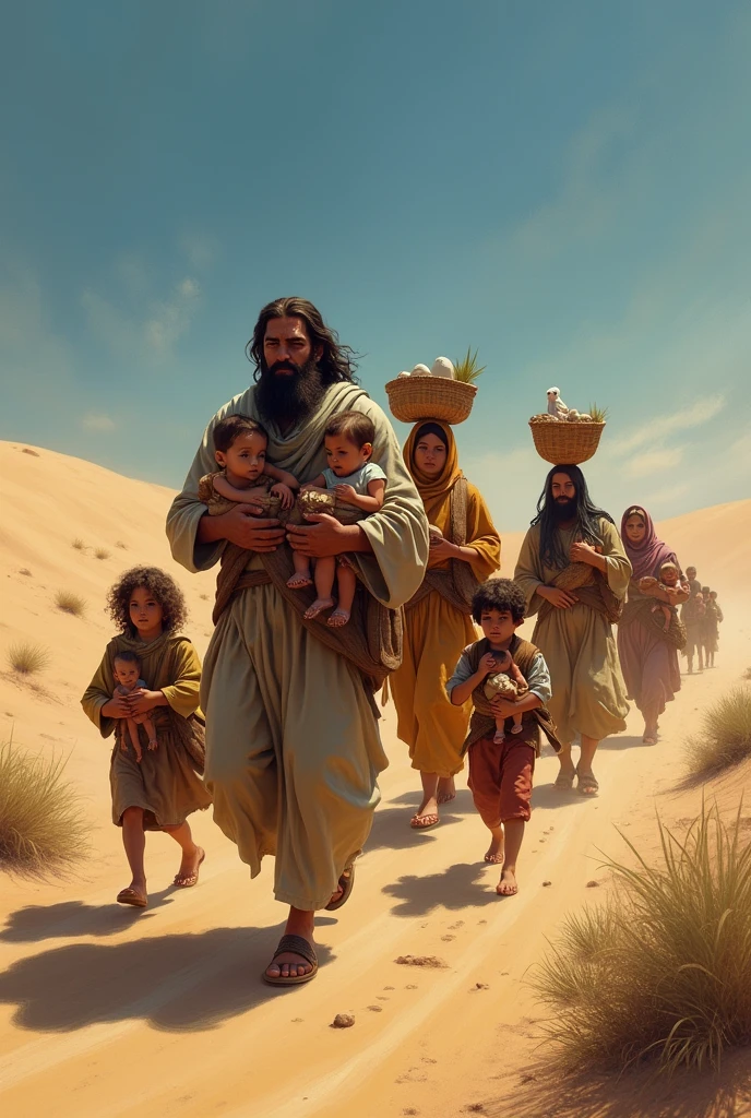 Biblical character Jacob fleeing with 4 wives and 12 children