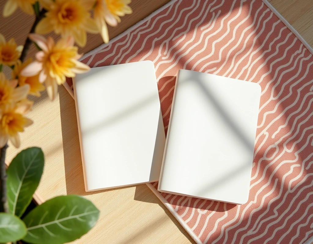 a flat lay with two blank white 8.5x11 inch hardcover journals with smooth matte finishes. They are placed on a colorful beige wavy pattern French rug on a natural oak floor, set in a vibrant French interior with a spring color tone and vibe. The scene is illuminated by warm, bright morning light, creating a cheerful and lively atmosphere.