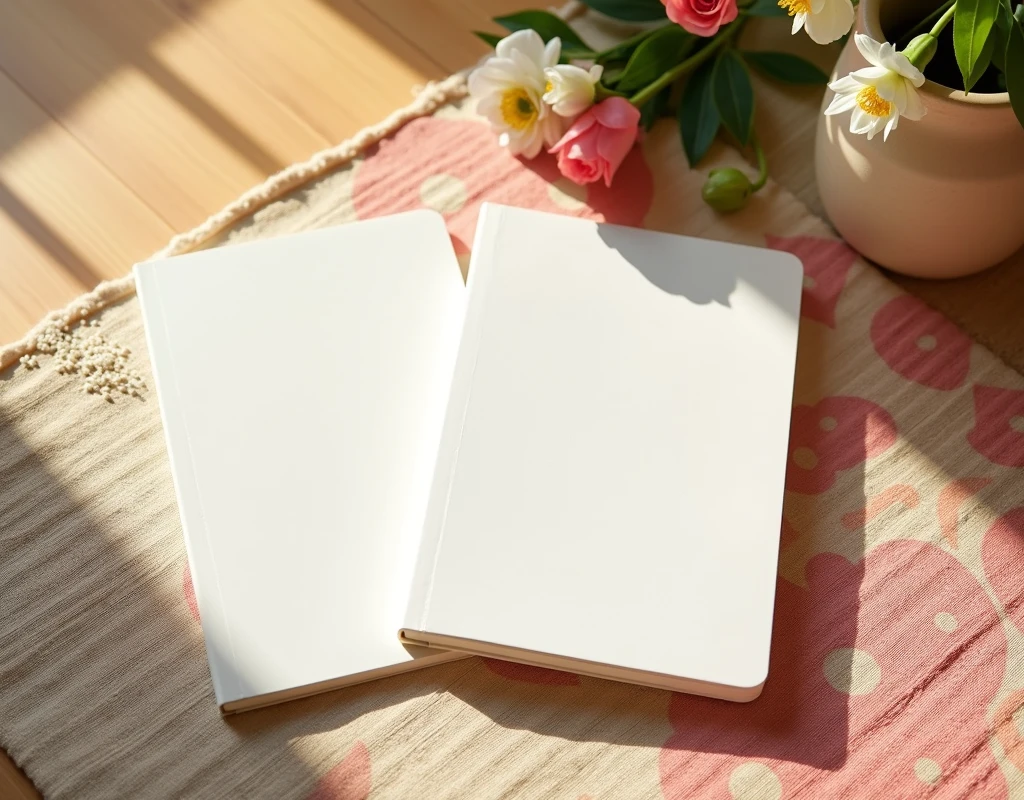 a flat lay with two blank white 8.5x11 inch hardcover journals with smooth matte finishes. They are placed on a colorful beige wavy pattern French rug on a natural oak floor, set in a vibrant French interior with a spring color tone and vibe. The scene is illuminated by warm, bright morning light, creating a cheerful and lively atmosphere.