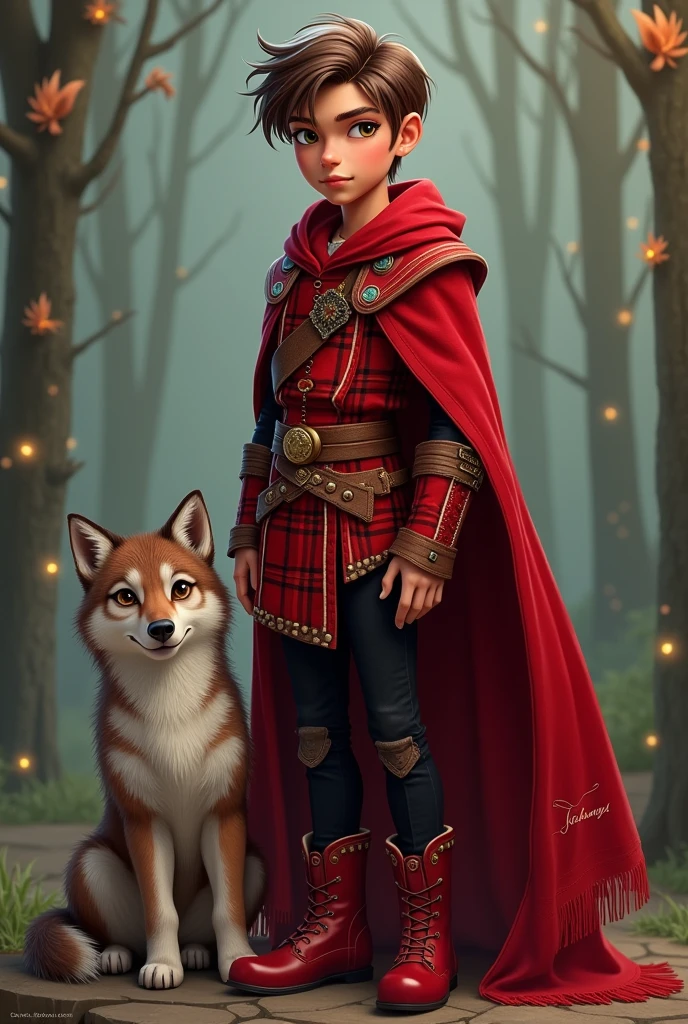 Imagem do filho da Cerise Hood e da Cedar Wood de Ever After High: A serious older teenage boy, sexly, brown hair with a white streak, gray eyes with light brown, Light brown skin, big red cape, red outfit with red and white plaid details, black pants and red boots with wooden elements on the clothes and he has to be next to a pet wolf cub