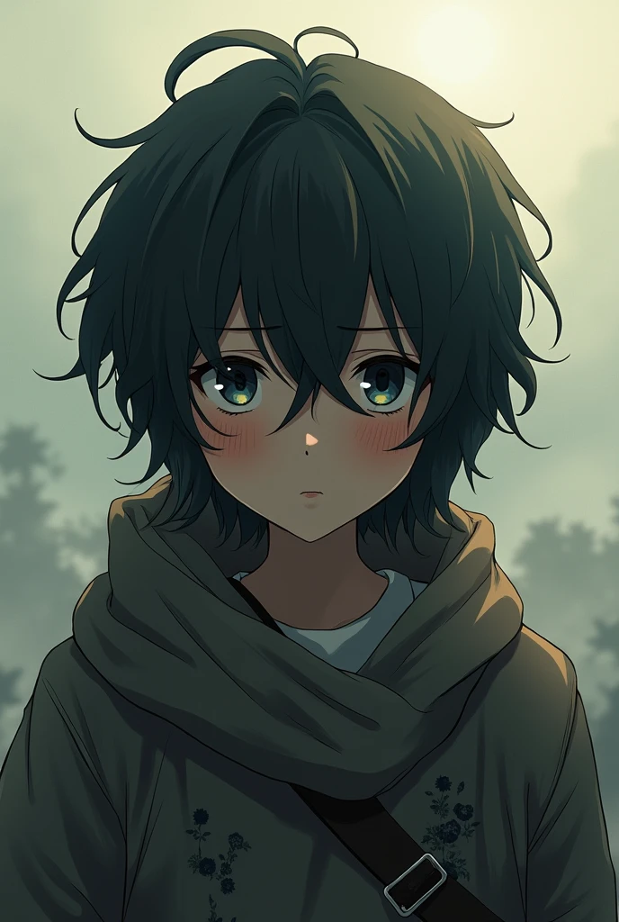 Create an anime character with wavy hair, tired of fighting so much and young 