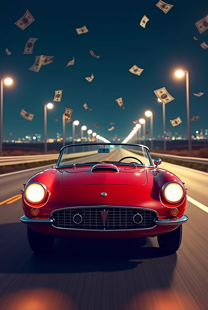 A big American road at night with a red convertible car and lots of dollars flying into the air 