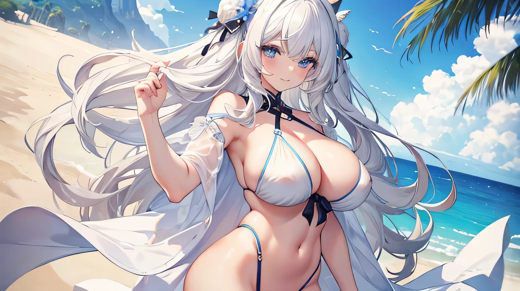 masterpiece, high quality, A pretty woman, Long hair, wavy hair, White hair, blue eyes, smiling face, big breasts, juicy breasts, big butt, vaginal, open legs, naked, background of a beach