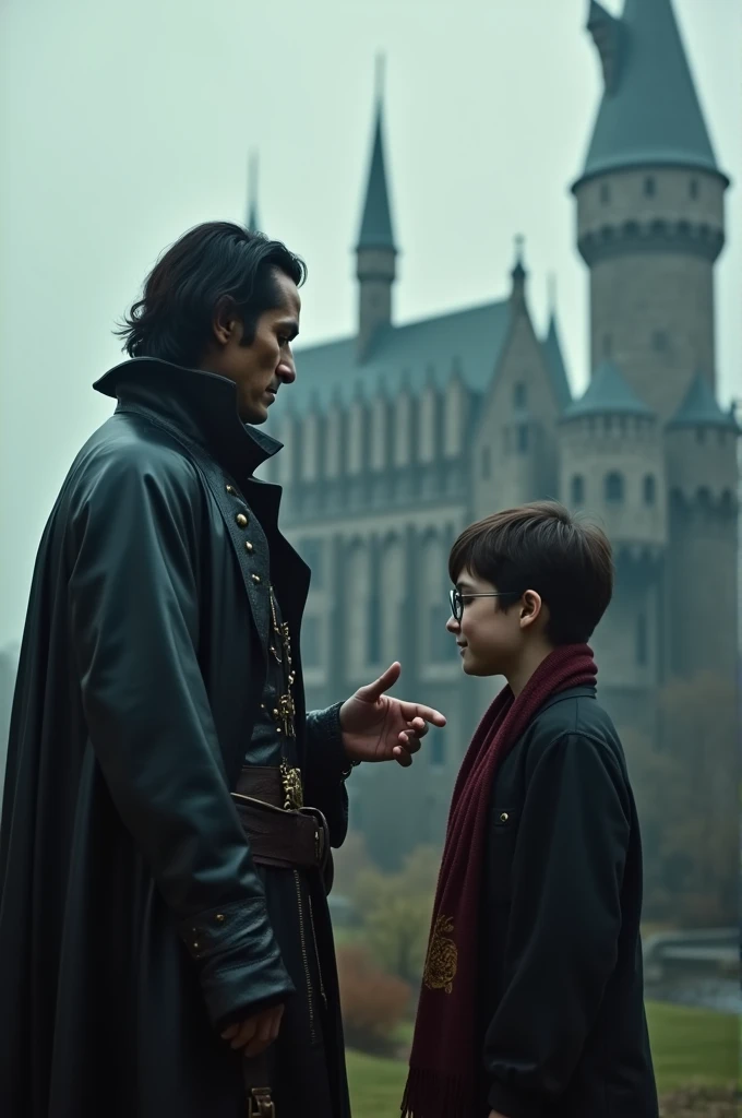 Colin O' Donoghue aka Captain Hook, Killian Jones suitet in a black leather pirate coat with short black hair showing Harry Potter, who wears round glasses, how to do magic. They are in Hogwards, you can see the school in the background. It's a magical yet mysterious atmosphere. They face the camera. draw it hyperrealistic, cinematic and fullbody