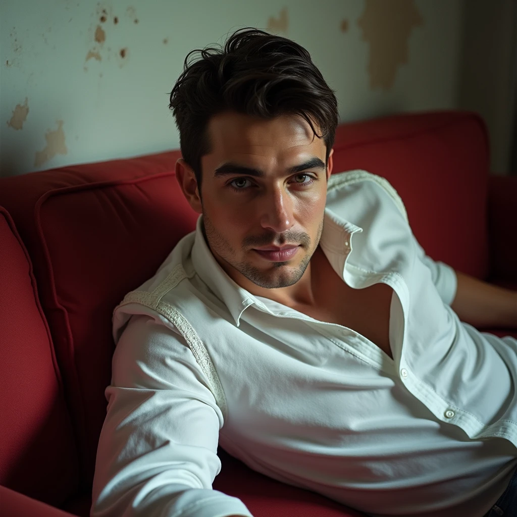 makes image of a white man, aged 35, model type, with short dark hair, with blue eyes, wearing a lace shirt buttoned up to the neck, posing sideways, looking at the camera, wearing shorts, lying down on a red sofa. Unprofessional photo, cell phone type. Adds some imperfections to the living room wall, just like a painting.