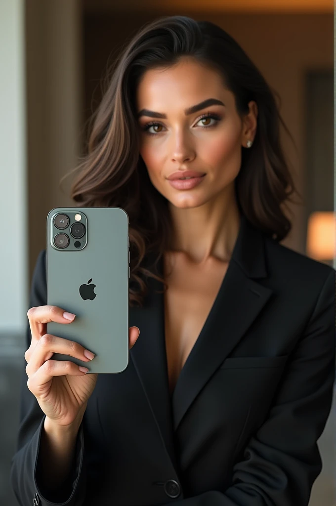 Femme biseness sexy pour présenter un iphone 13 haute qualité réaliste 