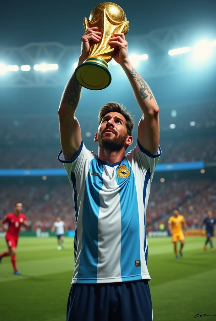 Lionel Messi Lifting world cup trophy and Cristiano Ronaldo crying