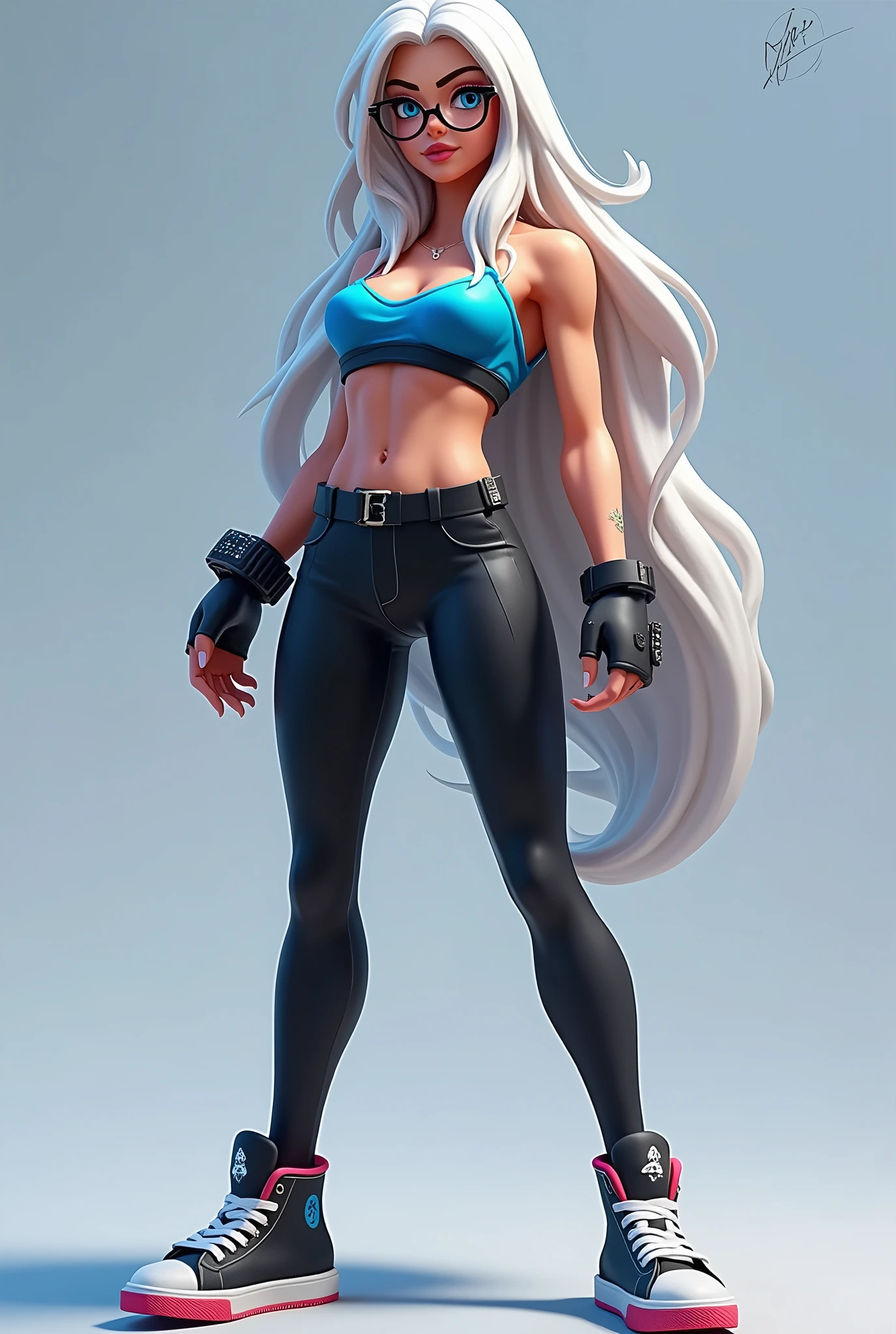 fortnite style girl, long white hair, Broad Hips, blue colored eyes, wearing glasses, Allstar Sneakers, sexy blue top blouse black leggings full body