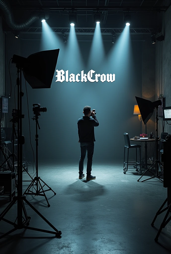 Photographic studio with 1 man in it doing a photoshoot , studios name is blackcrow in blackletter