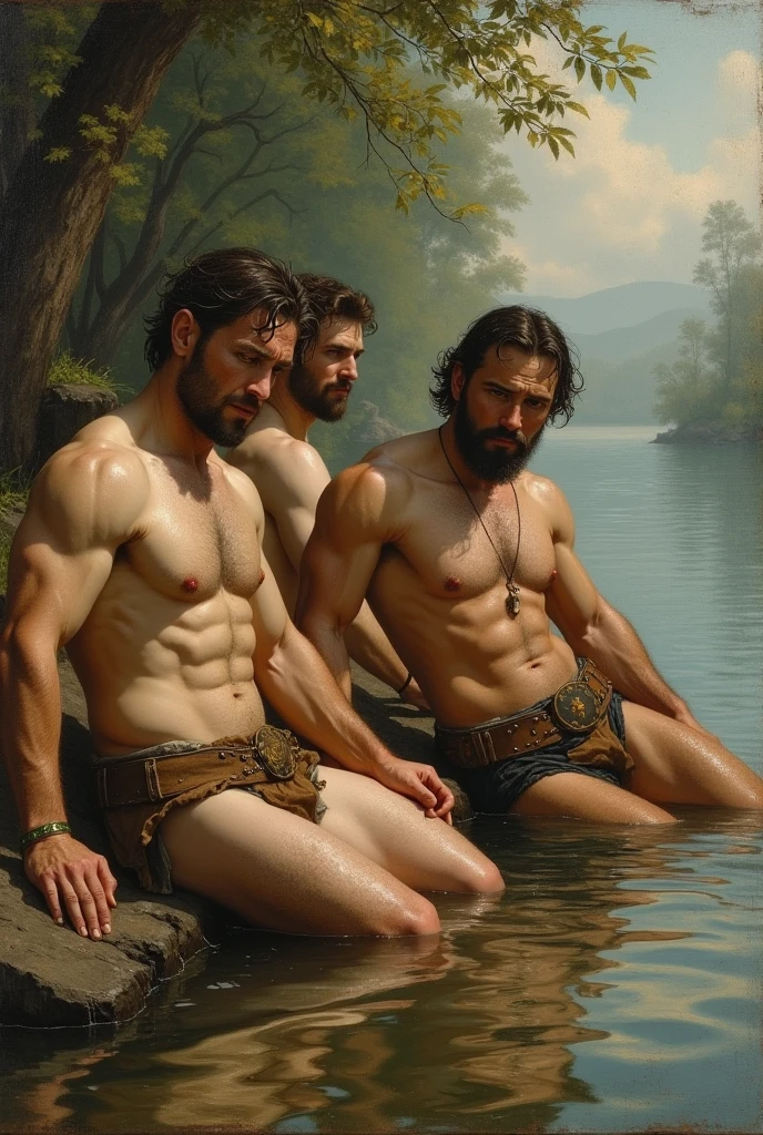 Old, blurred, out-of-focus oil painting from the year 1615 depicting a group of strong, burly men bathing in a relaxed manner on the riverbank, surrounded by green vegetation.