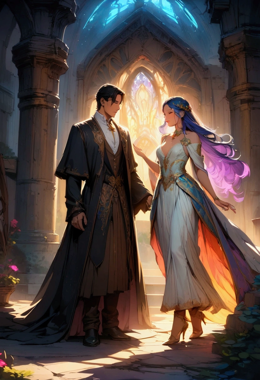 (masterpiece: 1.2, best quality), (Intricate details, Depth of Field), Very detailed, A princess and a prince looked at each other, yinji, purple hair, purple eyes, long hair, white hair, double braids, gradient hair, Royal Costumes, Slim body, Golden Crown, Wear boots, Off-shoulder, In a medieval palace