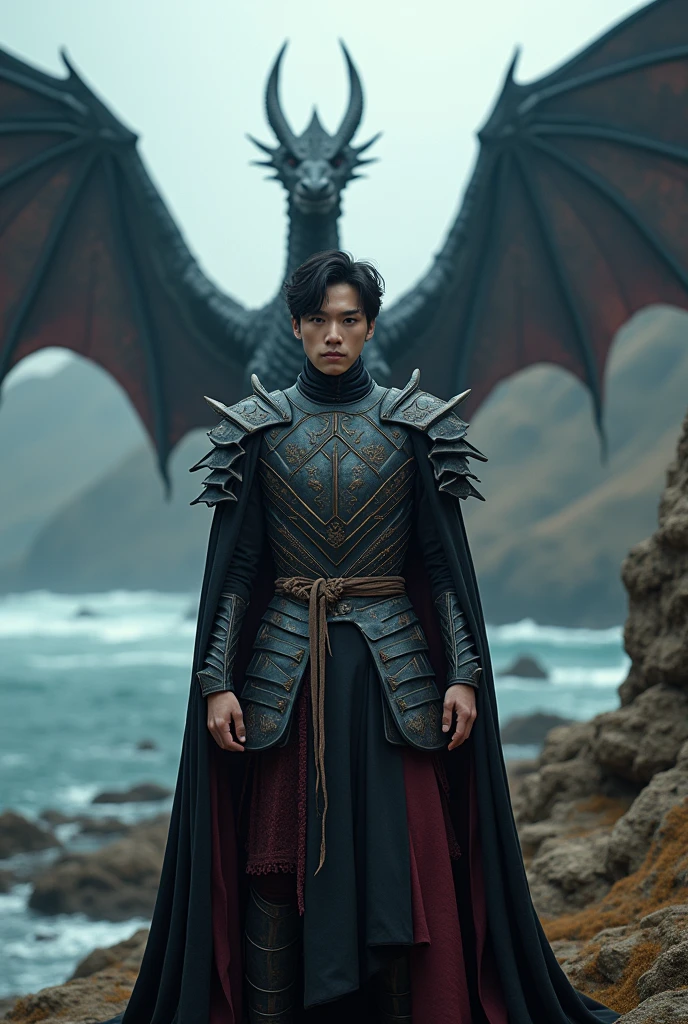 Jeon Jungkook from BTS as Daemon Targowitz from House of the Dragon standing at Dragonstone with Caraxes his dragon behind him