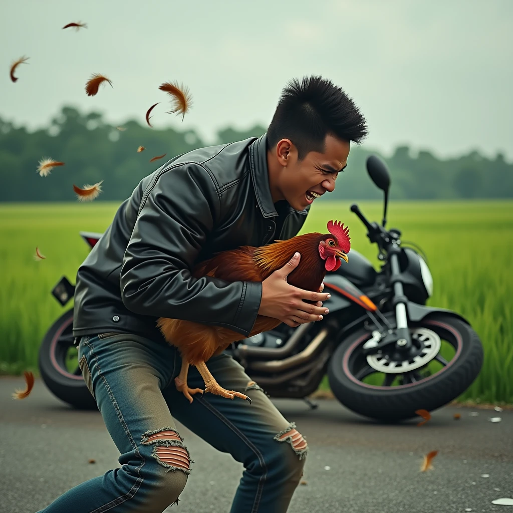 Real photo of young Indonesian man. wearing a torn leather jacket. wearing a helmet standing very angry expression strangling a chicken scared expression. many feathers flew loose. on the asphalt road on the edge of the rice field behind a sports motorbike fell as if it had just had an accident on the side of the road. tampak sep Ultra-realistic 8K photograph, shot with a Leica Q2, strong color contrast and sharp clarity --ar 9:16 --quality 2 --