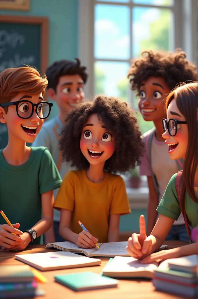 5 students 2 boys 1 of them with glasses 2 girls with curly hair and one with straight hair
