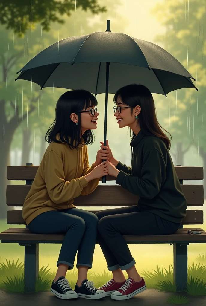 Two women sitting on a park bench, hiding from the rain with an umbrella, singing and laughing. One of them is tall with straight black hair and glasses, and the other is short with straight dark brown hair and big cheeks, dressed in black with Converse tennis shoes.