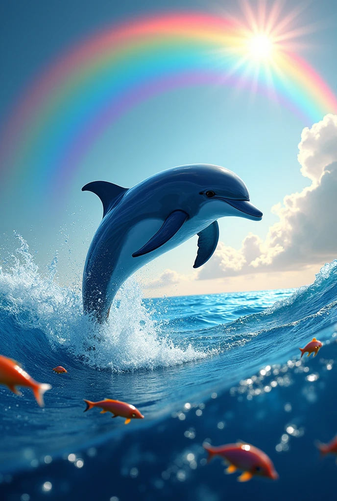Dolphin jumping out of the water with many fishes nearby and rainbow over it