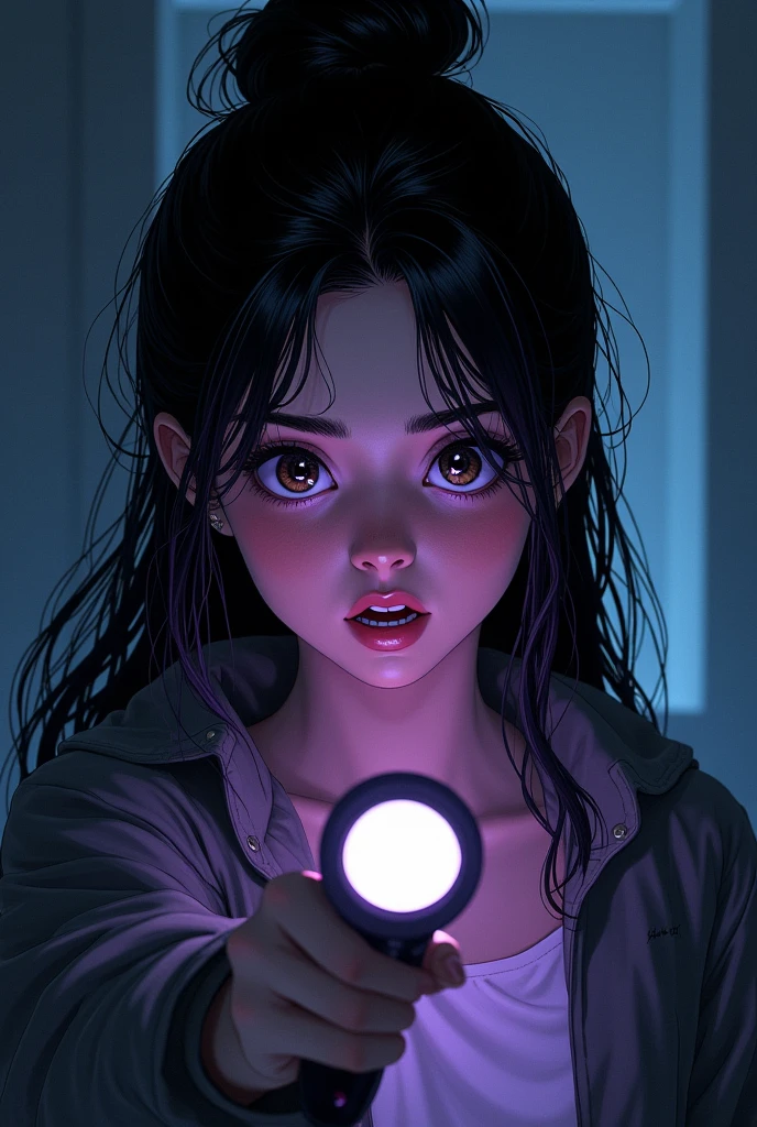 20 year old woman with scared expression, she has long, very dark hair, with a few purple lighting points. Eyes in a dark brown shade, she usually has a loose bun, wear clothes in neutral colors (usually makes a play with black and gray and white details, with a flashlight in his hand unraveling the mystery, It has a kind of dark academia style, no back ground, marvel comic art style