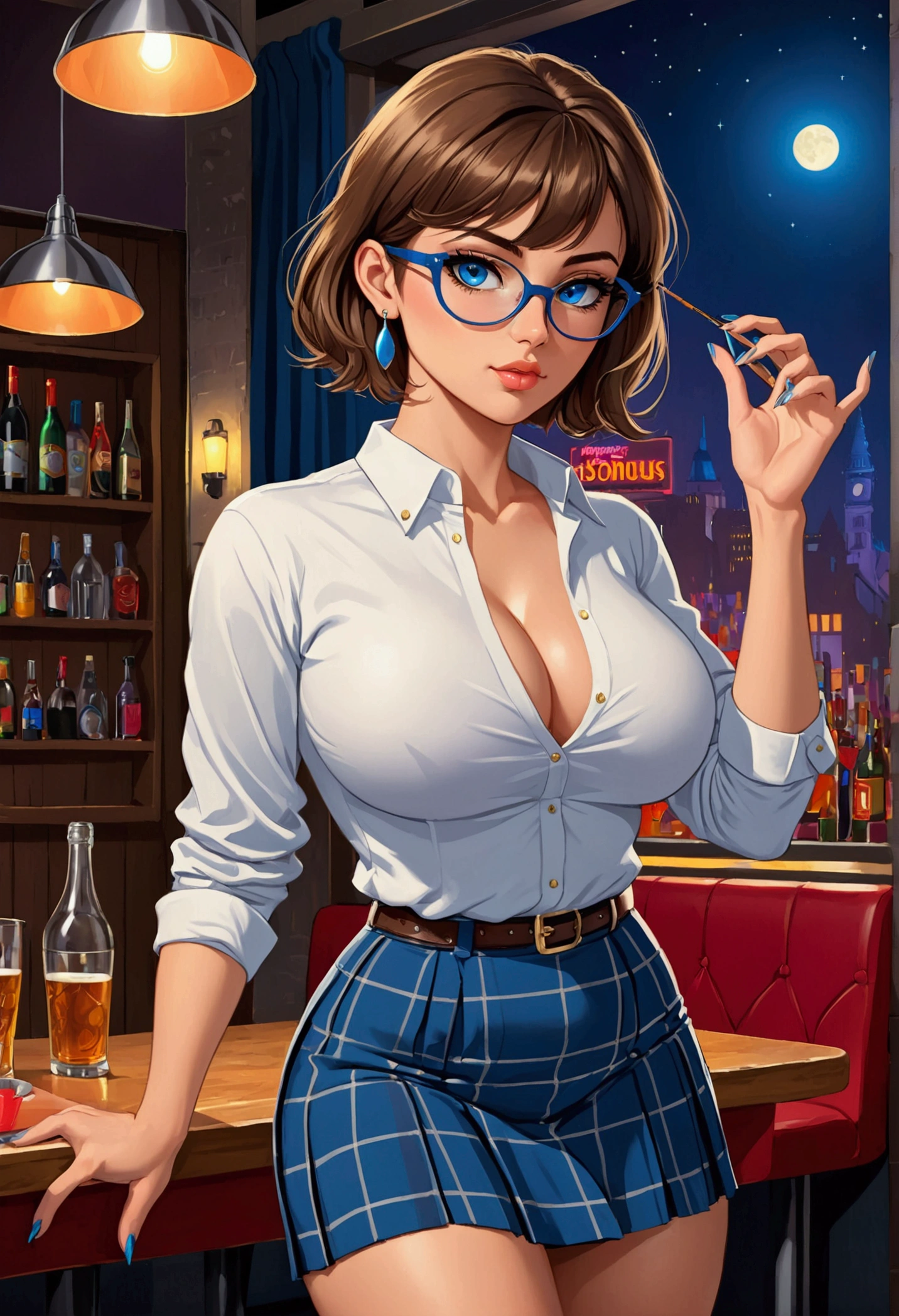 20 years old woman, Short brown hair, Méditerranéenne aux blue eye, Generous and heavy breasts, slender waist, estomac defini, fesses rebondies et pulpeuses, naturally curved, muscular thighs, aguicheuse, on a night-club , plaid pleated mini skirt and blouse, lunettes , earrings, blue eye, talons