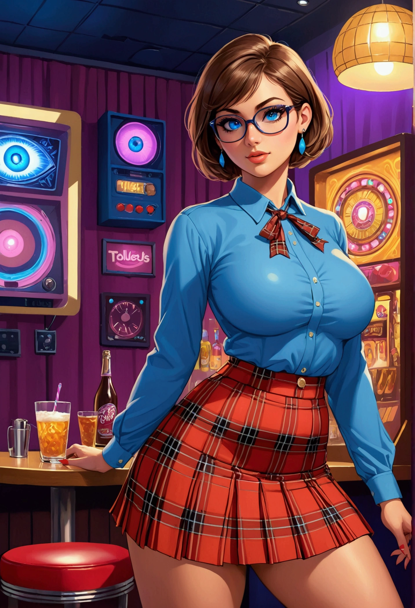 20 years old woman, Short brown hair, Méditerranéenne aux blue eye, Generous and heavy breasts, slender waist, estomac defini, fesses rebondies et pulpeuses, naturally curved, muscular thighs, aguicheuse, on a night-club , plaid pleated mini skirt and blouse, lunettes , earrings, blue eye, talons