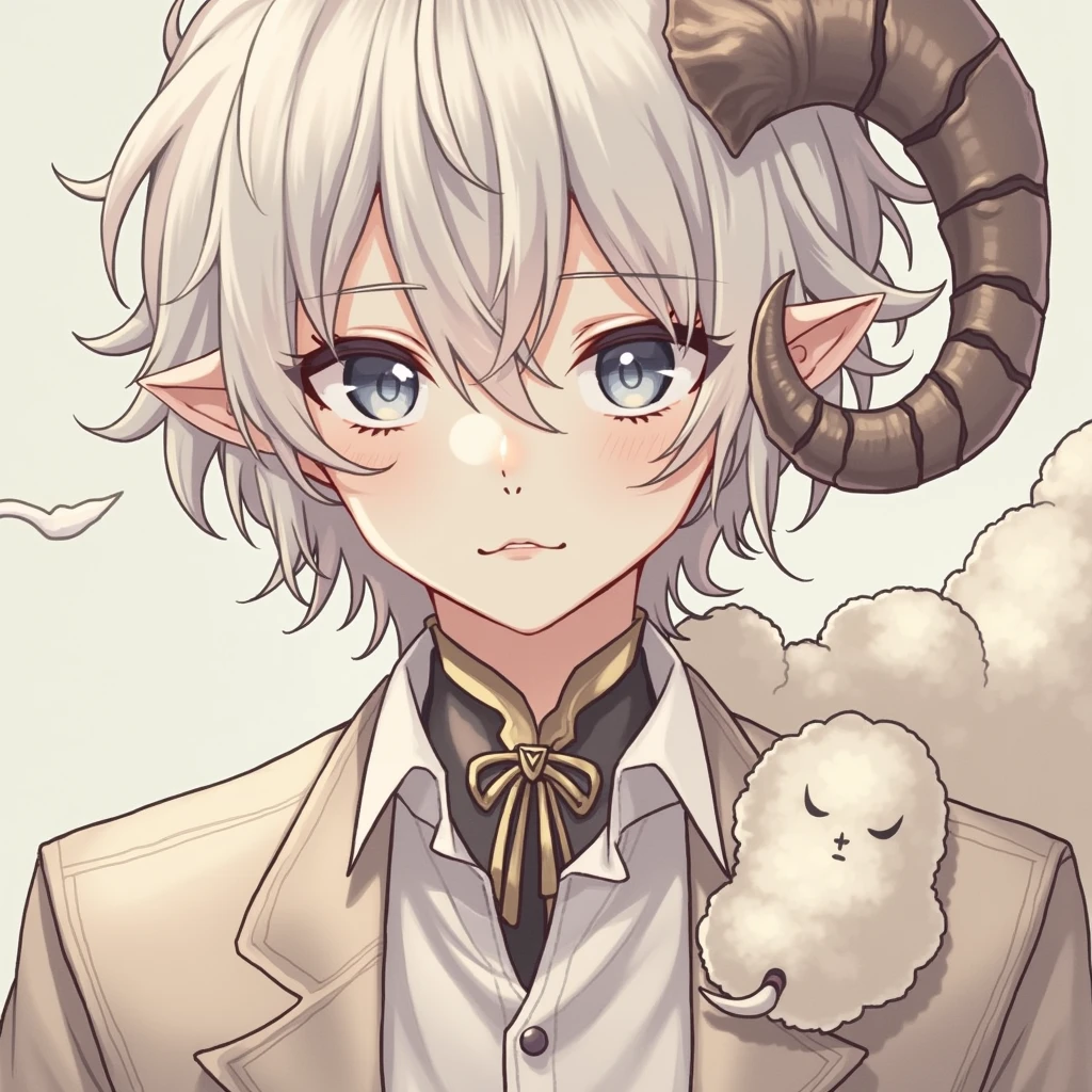 ((best qualityer)), ((work of art)), ((oc)), (detailded), 1 young male, 20 year, slightly wavy white hair, dark blue eyes, Caucasian skin, small curved sheep horns very small, fallen sheep&#39;s ear, roupa moderna