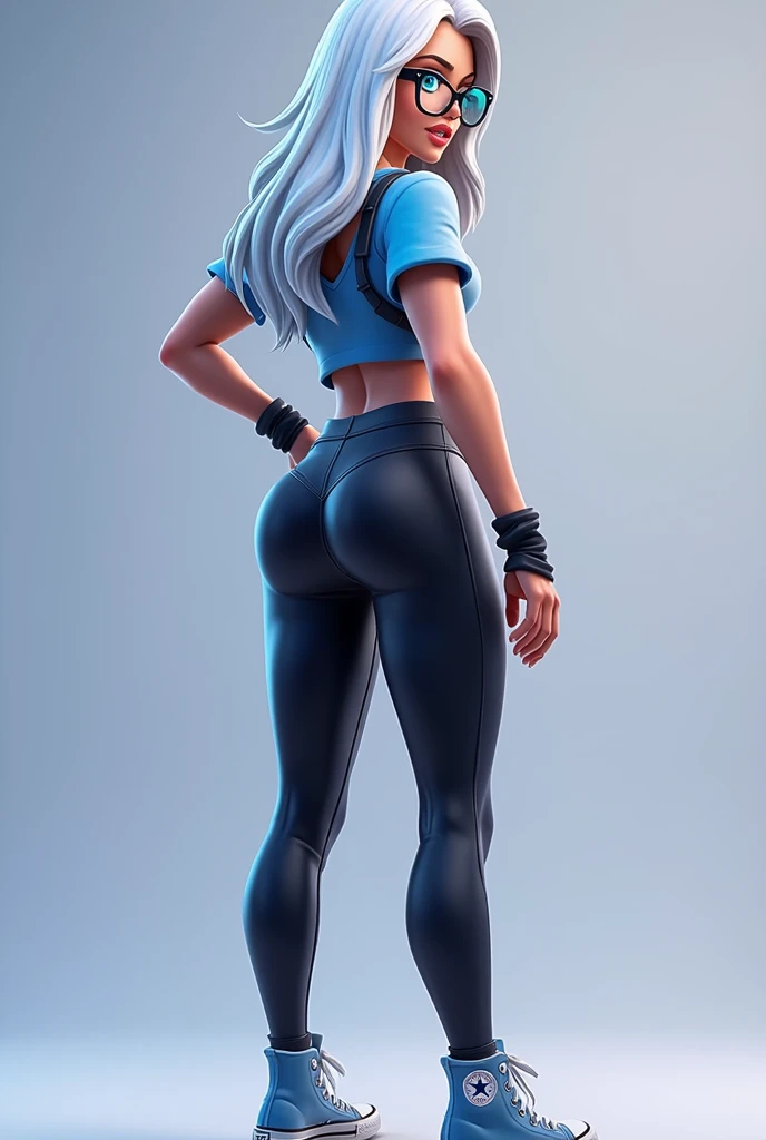 fortnite style girl, long white hair, Broad Hips, blue colored eyes, wearing glasses, Allstar Sneakers, sexy blue top blouse black leggings full body back