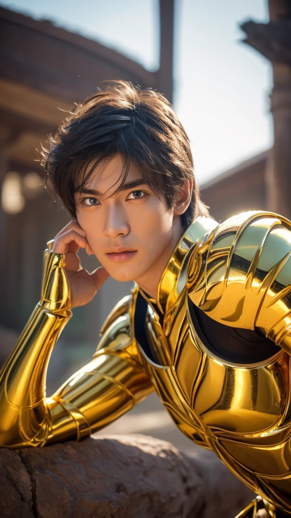 (((1man)))  a hyper realistic ultra detailed photograph of a handsome japan man full pose style photorealistic full pose style Milo at agreek ruins background, tattered Scorpio gold half shiny metal armor, long brown hair, blue eyes, dynamic pose, detailed symmetric beautiful hazel eyes, detailed gorgeous face, 30-megapixel, 4k, Canon EOS 5D Mark IV DSLR, 85mm lens, sharp focus, intricately detailed, long exposure time, f/8, ISO 100, shutter speed 1/125, diffuse back lighting, award winning photograph, facing camera, looking into camera, monovisions, perfect contrast, High sharpness, facial symmetry, depth of field, ultra-detailed photography, raytraced, global illumination, TanvirTamim, smooth, ultra high definition, 8k, unreal engine 5, ultra sharp focus, award-winning photograph, trending on artstation, realistick 8k