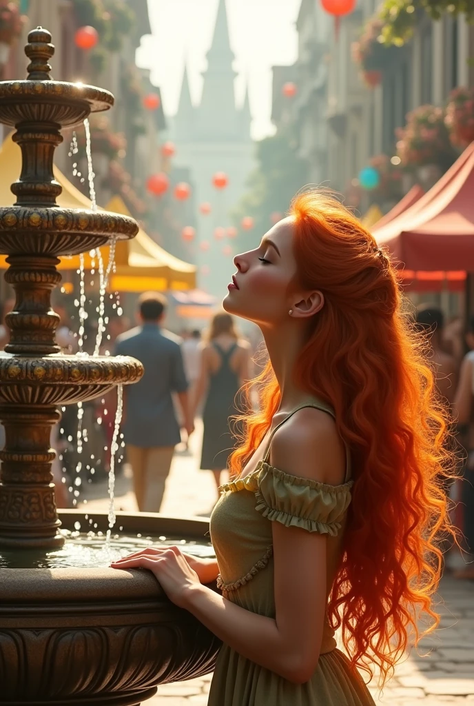 A wish magical fountain, a festival going on and people are all around, some making wishes too. But the main focus is on the Pretty girl making a wish, she has orange hair