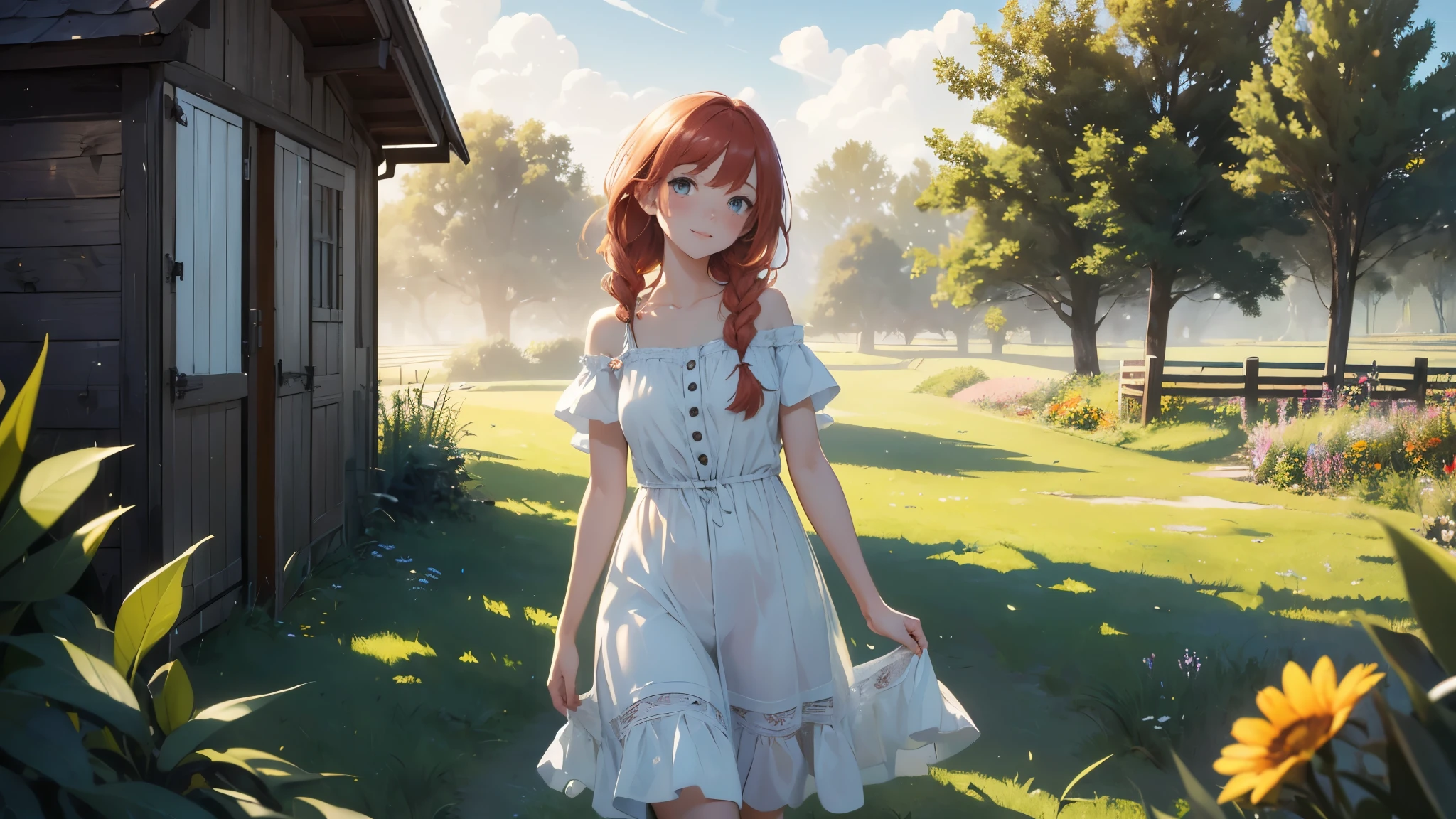 ((masterpiece,best quality,ultra detailed,ultra high res,detailed country yard background)), soft realistic focus, dynamic shadows, realistic image, vibrant colors,light leaks,dreamy atmosphere,chiaroscuro,BREAK
experimental charm, The girl is depicted in full growth, you see the girl from head to toe, nostalgic appeal, country girlfriend, she take you with yourself, simple open short dress, soft mischievous smile, freckles, shiny light red hair, she will take your hand, thick braids, slow chill electronic music