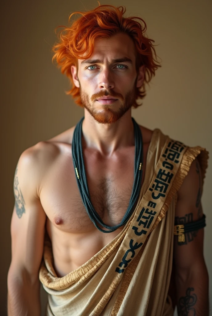 Nice man, photo icon, blue eyes, orange hair, without smile, dominant, Egyptian garments, sexy, only up to the torso