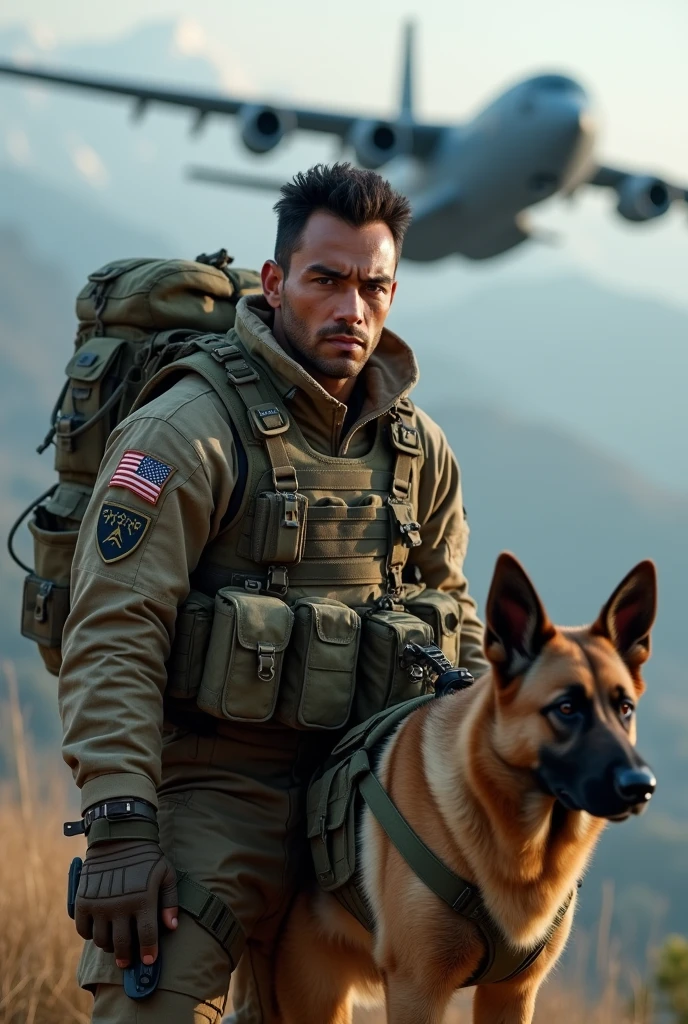 Hyperrealistic 8k image of a special forces soldier with Latino features who has just parachuted out of a Hercules C-130 plane, carrying his Malinois shepherd dog in a harness strapped to his chest, also in combat gear. The soldier and the dog are seen in the foreground, and behind them the plane is seen moving away.