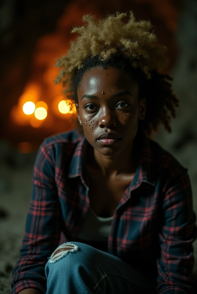 photograph of a woman, (troubled facial expression), textured skin, goosebumps, blonde afro hair, plaid flannel shirt with distressed boyfriend jeans, cowboy shot, dark and mysterious cave with unique rock formations and hidden wonders, perfect eyes, (candlelight,chiaroscuro), Porta 160 color, shot on ARRI ALEXA 65, bokeh, sharp focus on subject, shot by Don McCullin
