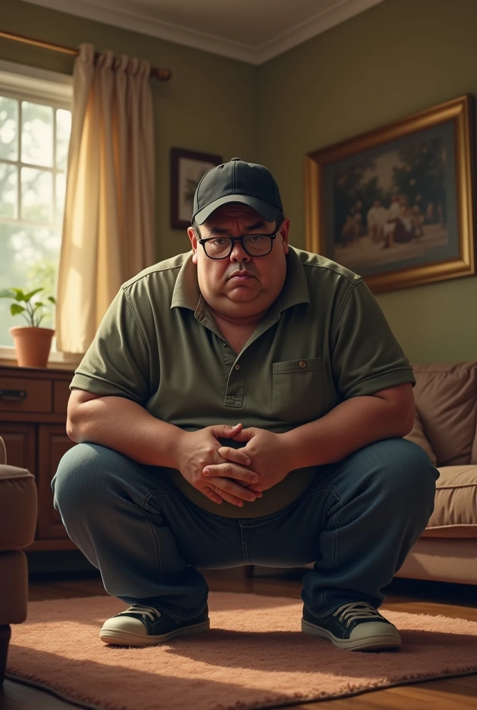 Chubby guy with black cap and glasses defecating in the living room