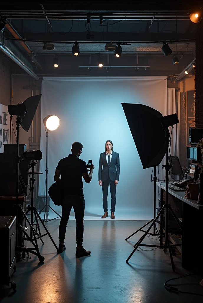 Photographic studio with 1 man in it doing a photoshoot to a client, studios name is blackcrow in blackletter