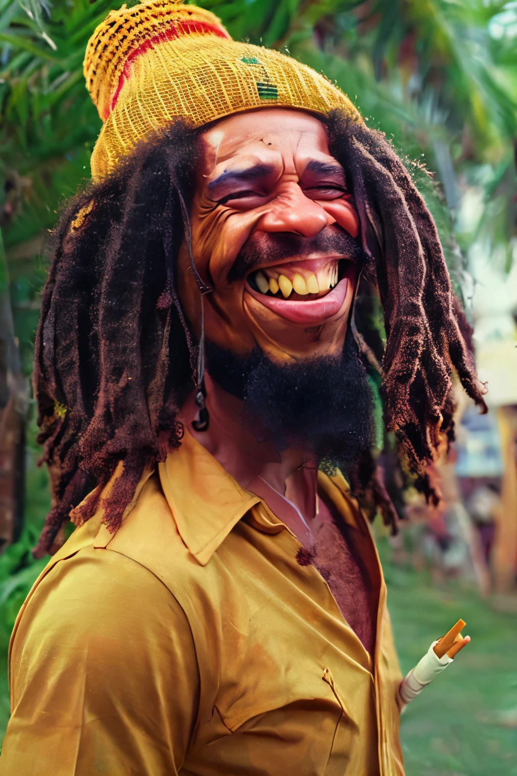 A (((caricature))) of a Bob Marley Rastafarian man ((smoking a white cigarette)) , beard, exaggerated features with a large nose and big Red eyes, happy, long and exaggerated dreadlocks, wearing a colorful beanie, relaxed and laid-back expression, smoke swirling around him in artistic patterns, vibrant and warm colors, tropical background with palm trees, cartoon style, highly detailed, chill and carefree tone, dynamic pose, expressive eyes, (masterpiece: 2), best quality, ultra highres, original, extremely detailed, perfect lighting. (( psychodelic weed background)).
