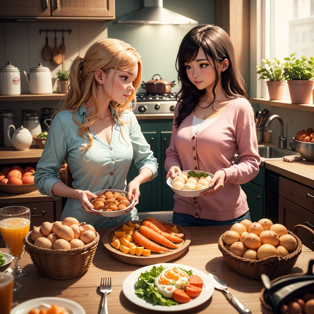 Create the image shows two people sitting at a kitchen counter, enjoying a meal together. The person on the left is wearing a pink cardigan and a white blouse, while the person on the right is dressed in a brown cardigan and a green shirt, both are holding red wine glasses.
In front of them, there's a delicious spread of food, including a roasted turkey, various vegetables like carrots and lettuce, and what looks like potatoes. The counter is also filled with other food items such as bread, tomatoes, onions, garlic, and a basket of eggs. It seems like a cozy domestic scene, possibly related to meal preparation or a celebration.