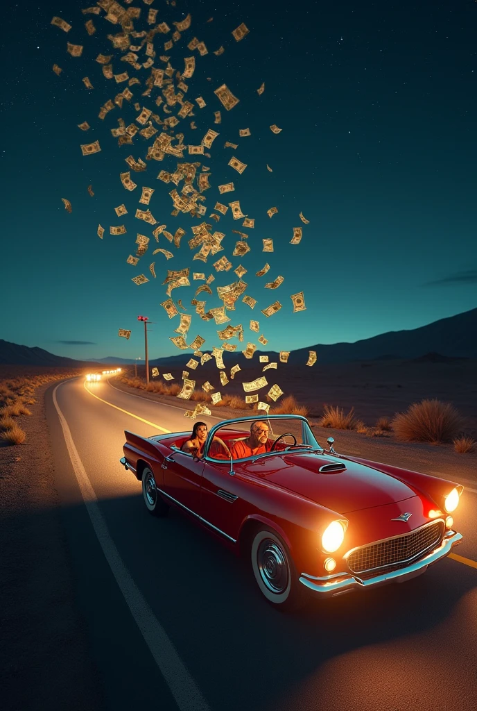 Une grande route américaine la nuit avec une vieille voiture décapotable rouge et plein de dollars qui s’envolent dans l’air vu d’en haut avec un homme riche au volant et une femme en passager