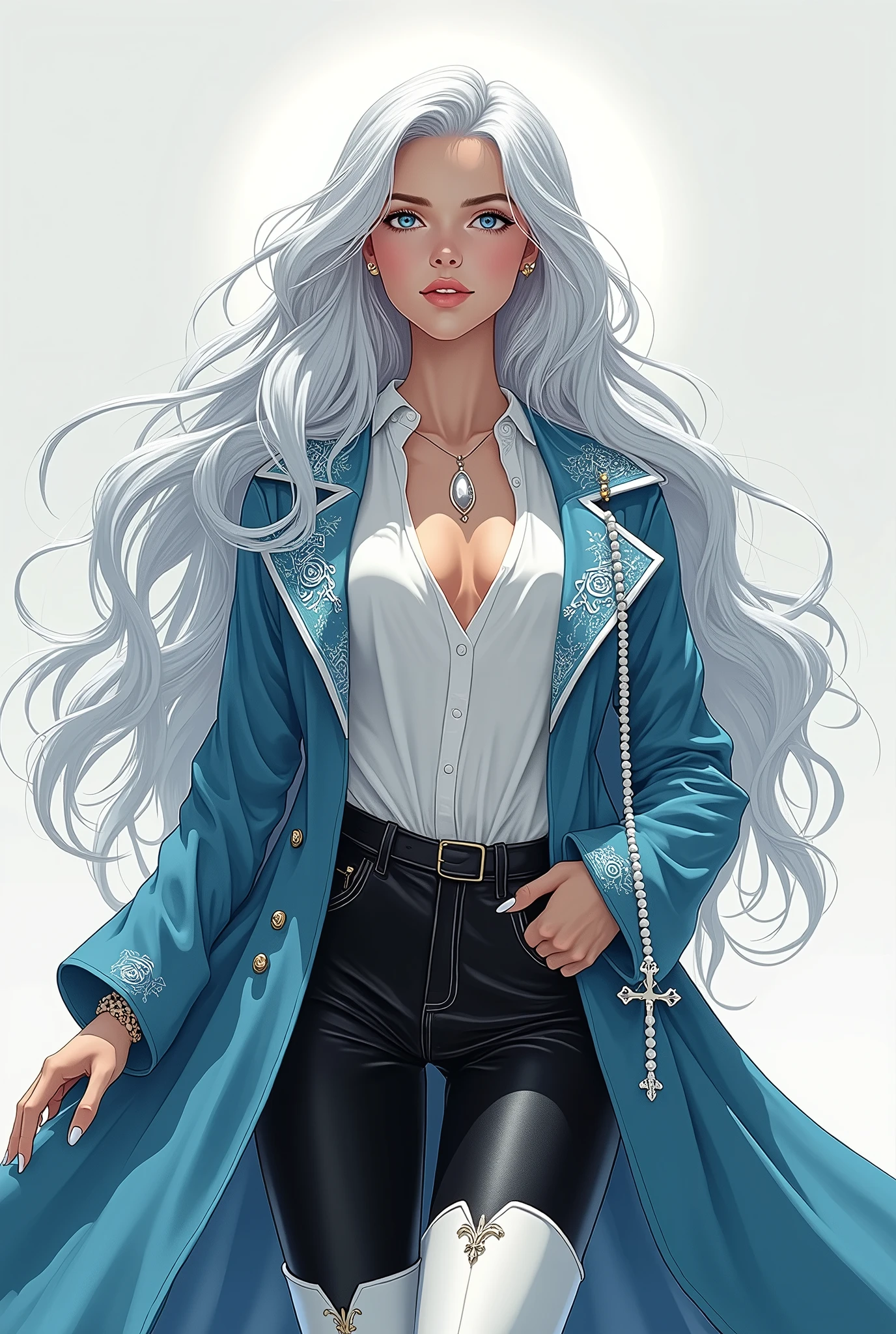 in the Human Comics style create a character, Leeah a white girl with long silver hair and light blue eyes, radiated an aura of serenity. She wears a coat in the color #1b48b3 with silver-white details with a blouse underneath showing the open neckline on her breasts, long white boots with a pointed toe, black leather pants with pearl details, wears a rosary necklace wrapped around her right arm made of pearls