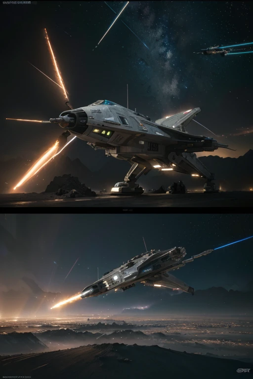 A futuristic sci-fi space battle between Star Wars and Macross ships, Very detailed, epic spaceships, intense combat, glowing energy weapons, powerful explosions, dramatic lighting, cinematographic composition, Changing the color palette, realist rendering, Intricate mechanical details, sense of scale and grandeur, (Best Quality,4k,8k,High resolution,masterpiece:1.2),ultra detailed,(realist,photorealist,fotorrealista:1.37)