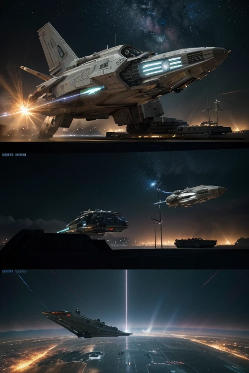A futuristic sci-fi space battle between Star Wars and Macross ships, Very detailed, epic spaceships, intense combat, glowing energy weapons, powerful explosions, dramatic lighting, cinematographic composition, Changing the color palette, realist rendering, Intricate mechanical details, sense of scale and grandeur, (Best Quality,4k,8k,High resolution,masterpiece:1.2),ultra detailed,(realist,photorealist,fotorrealista:1.37)